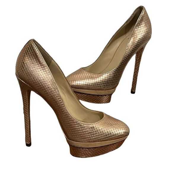 Brian Atwood Rose Gold Snakeskin Embossed Stiletto Platform Ultra High Heels 8.5 - Picture 1 of 14